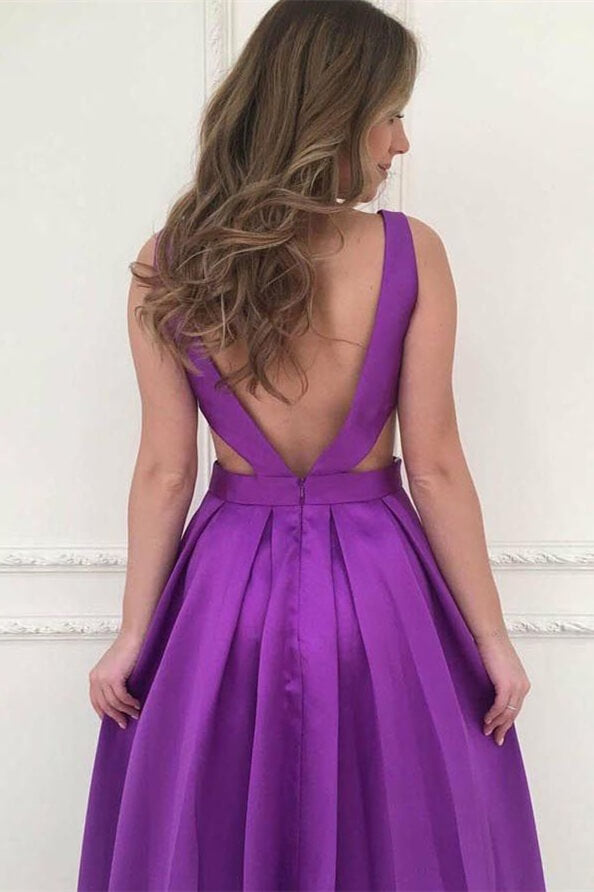 V Neck Purple A-Line Sleeveless Prom Dress with Pockets