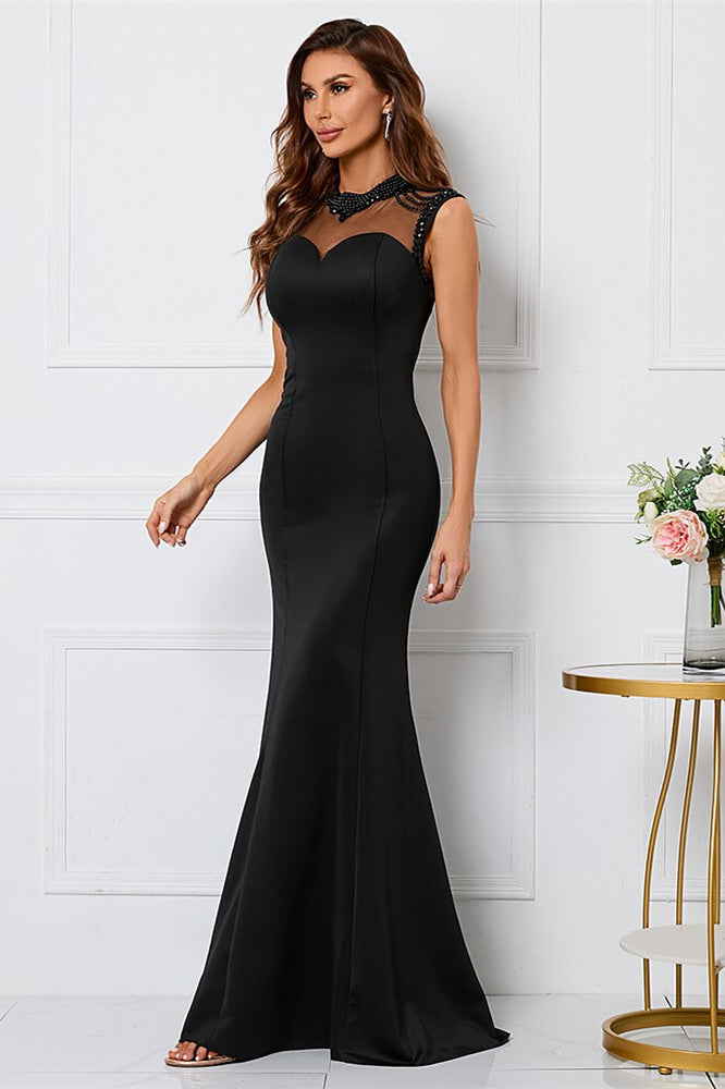 Beaded High Collar Mermaid Sleeveless Evening Dress - Black