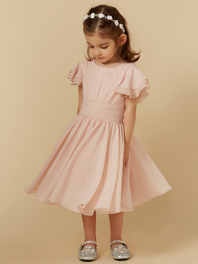 Short Sleeve A-Line Tea Length Flower Girl Dress with Sash