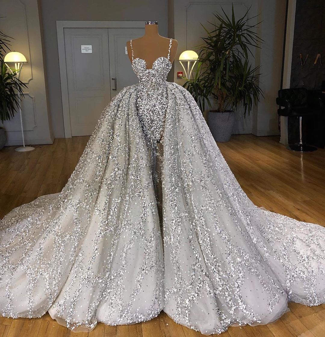 Brilliant Sweetheart Sequins Mermaid Wedding Dress With Ruffles Train