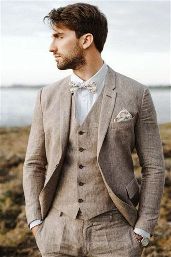 2020 Groom Wedding Tuxedos with 3 Pieces | Khaki Linen Summer Beach Mens Classic Suits