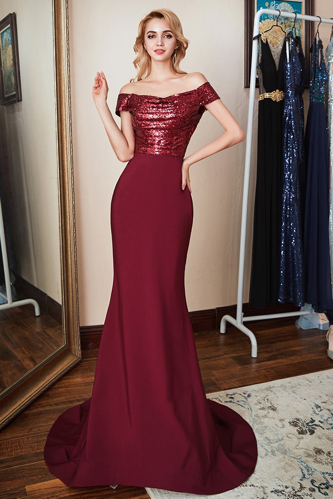Burgundy Off-the-Shoulder Sequins Prom Dress Mermaid