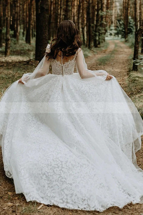 Stunning A-line Tulle Long Sleeves Lace Wedding Dress