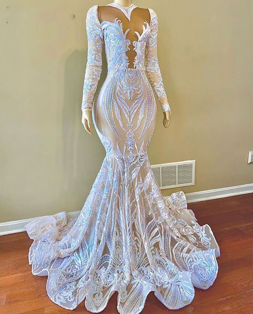 White Mermaid Prom Dress with Sequins Lace & Long Sleeves