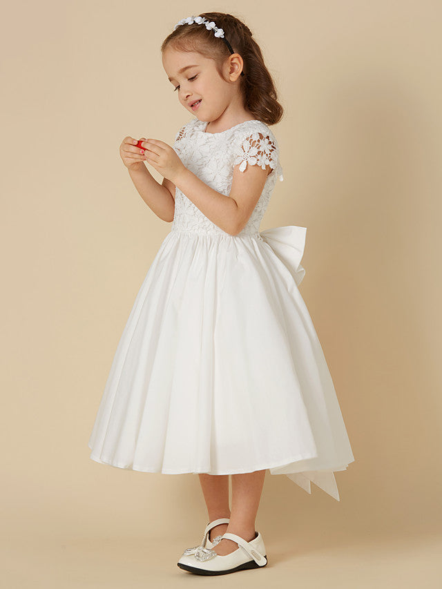 Adorable A-Line Short Sleeve Dress for Girls in Lace Cotton with Bow