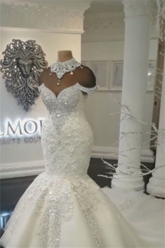 Stunning Off-the-Shoulder Mermaid Wedding Dress with Lace Appliques and High Collar