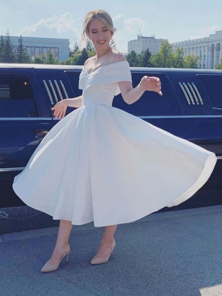 Elegant A-line Satin Off-The-Shoulder Short Wedding Dress