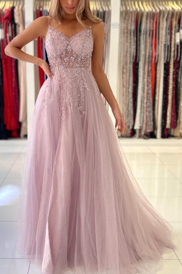 Glamorous Tulle Spaghetti Strap A-Line Evening Dress With Beadings
