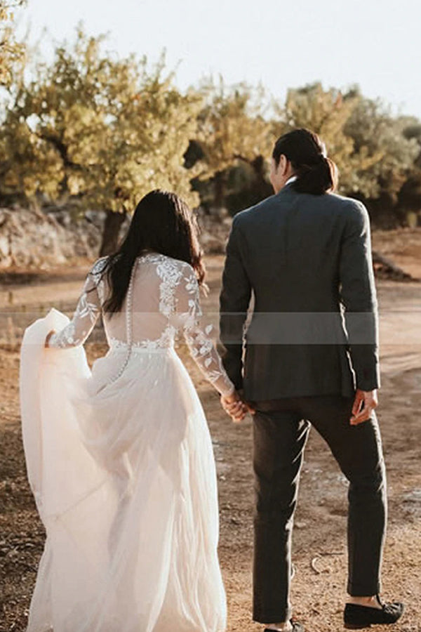 A-line Lace Long Sleeve Scoop Sweep Train Wedding Dress