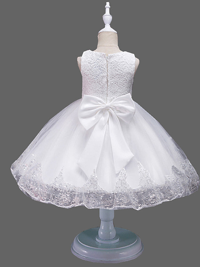 Princess Midi Lace/Tulle Jewel Neck Dress for Wedding/Birthday with Petal/Lace/Embroidery