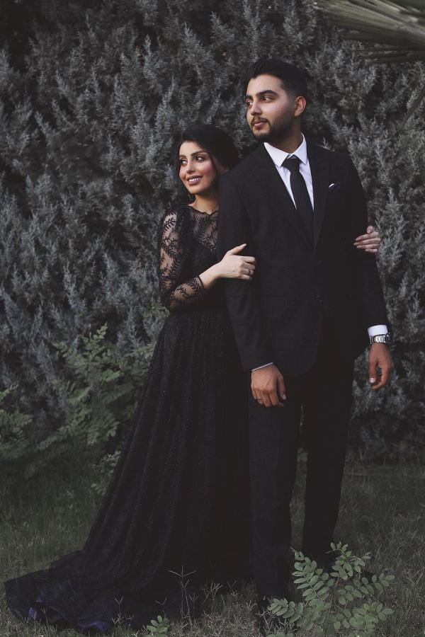 Long A-Line Tulle Lace Wedding Dress with Sleeves - Black