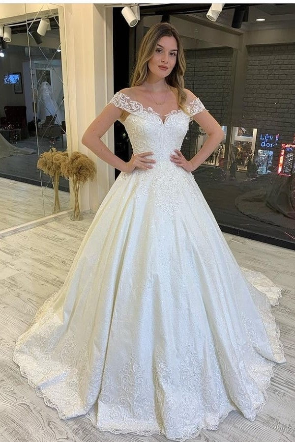 A-Line Off-the-Shoulder Backless Train Wedding Dress with Appliques Lace