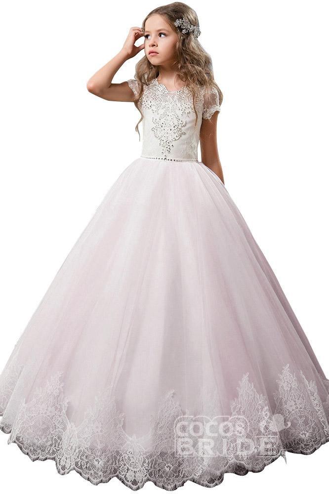 Light Pink Short Sleeve Scoop Neck Ball Gown Flower Girls Dress