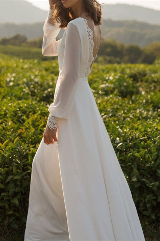 Backless Chiffon Wedding Dress with Long Sleeves