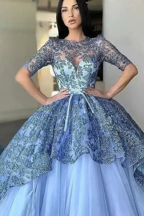 Amazing Jewel Half Sleeves Ball Gown Evening Dress with Lace Tulle Appliques