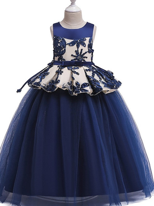 Princess Round Floor Length Cotton Bow Appliques Flower Girl Dress