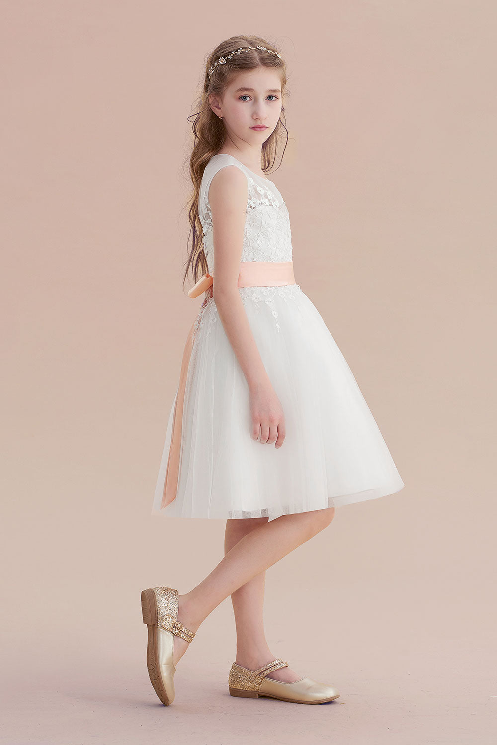 Illusion Appliques Tulle A-line Flower Girl Dress