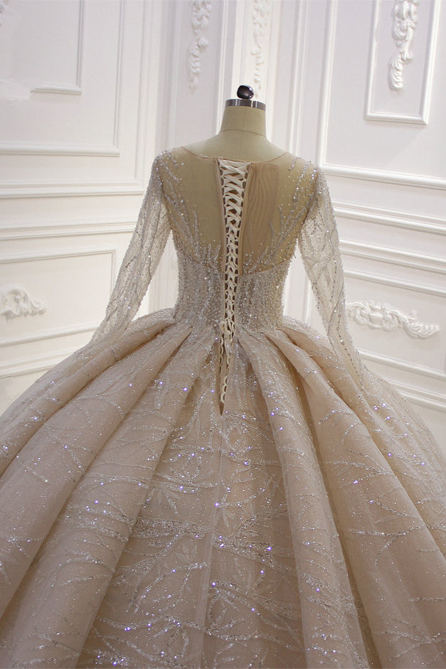 Gorgeous Bateau Long Sleeves Floor-length Ball Gown Wedding Dress with Ruffles