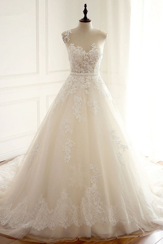 A-line Jewel Tulle Long Wedding Dress with Appliques Lace