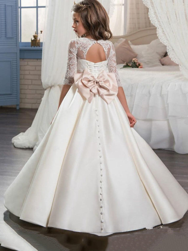 Half Sleeve A-Line Floor Length Jewel Flower Girl Dresses with Buttons