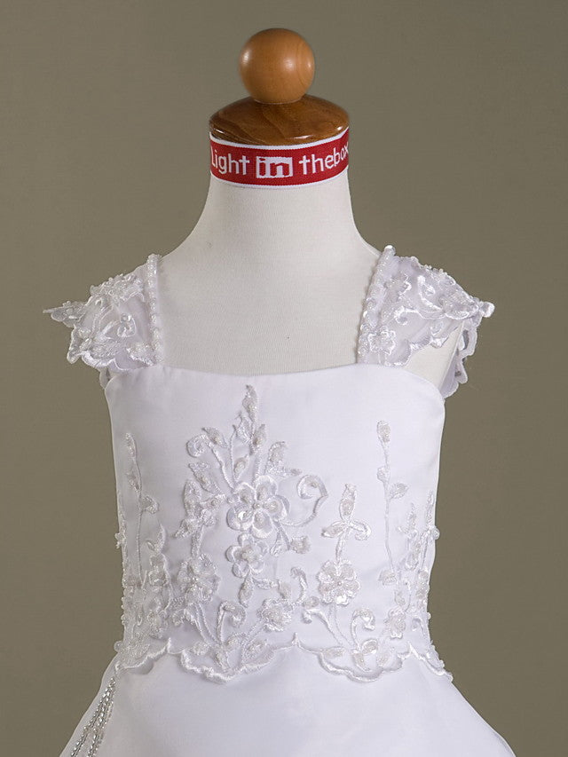 A-Line Sleeveless Square Neck Flower Girl Dress with Organza Satin and Beading