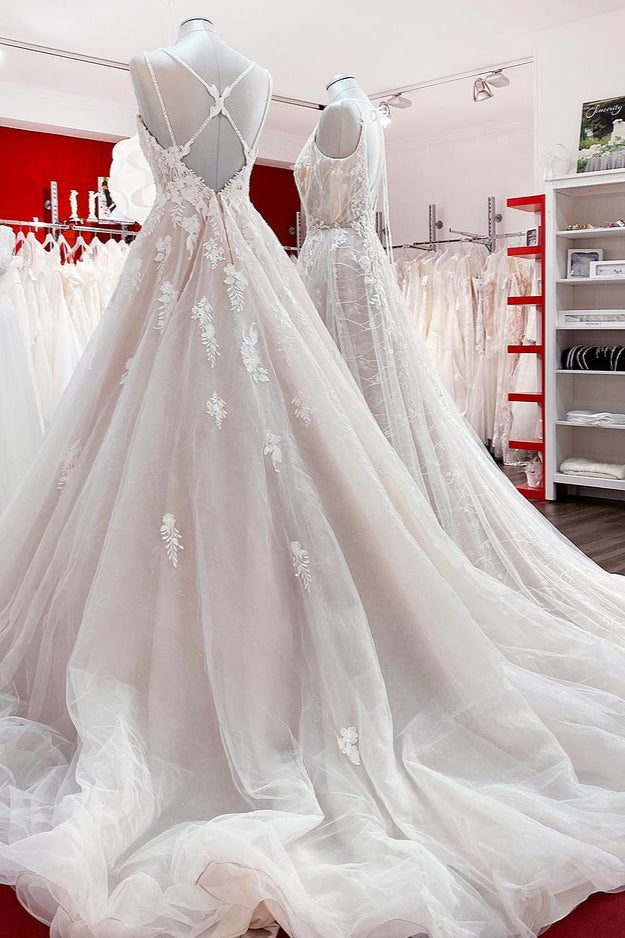 Elegant Long A-line V Neck Sleeveless Backless Wedding Dress with Ruffles