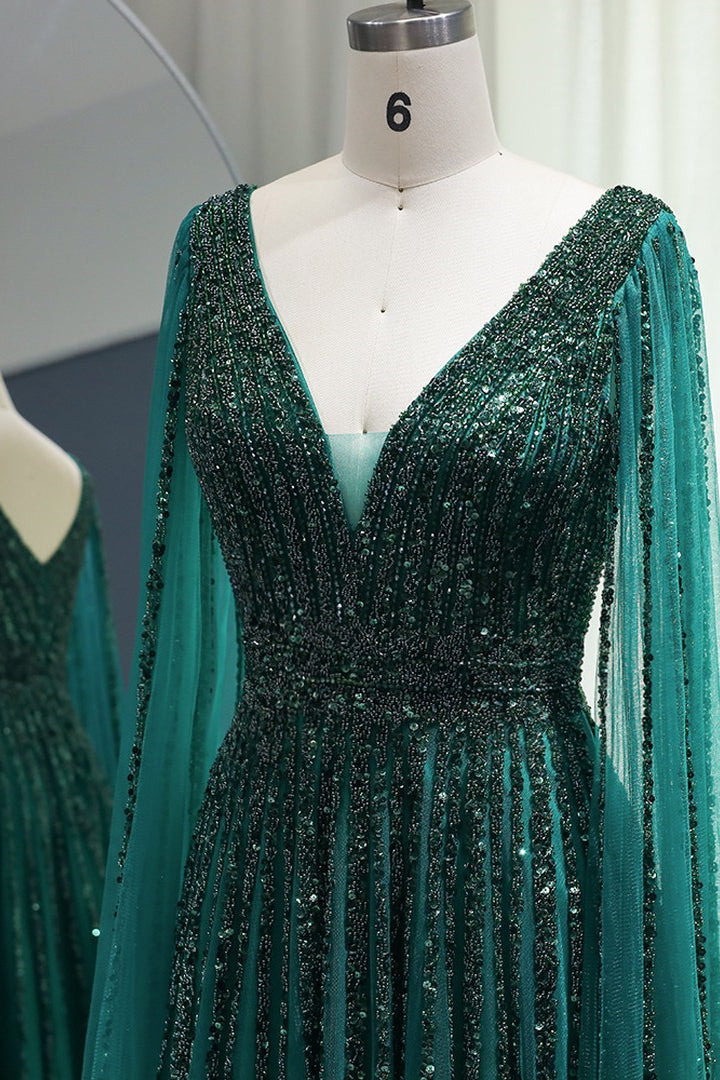 Emerald V Neck A Line Prom Dress With Cap Sleeves and Beaded Tulle Appliques
