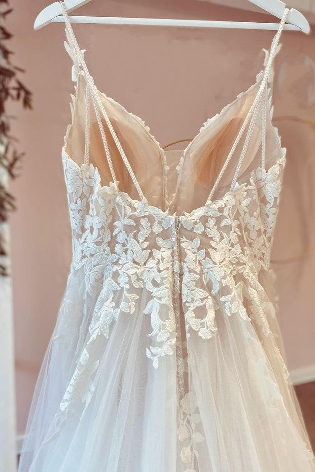 A-Line Sweetheart Appliques Lace Floor-length Wedding Dress with Ruffles Tulle