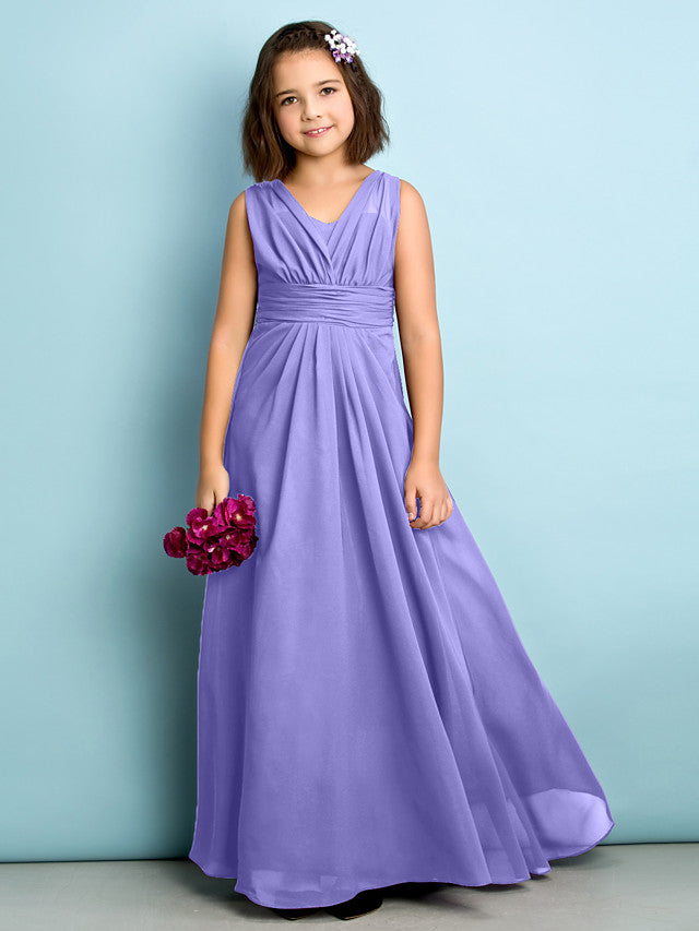 A-Line V Neck Chiffon Flower Girl Dress - Floor Length With Criss Cross Natural Mini Me
