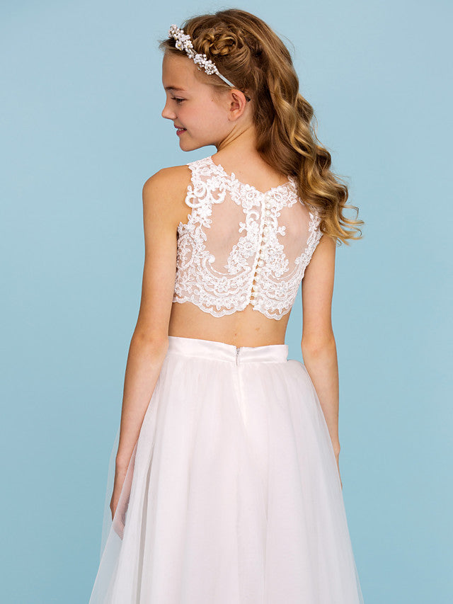 Princess A-Line Floor Length Lace Tulle Flower Girl Dress with Pearls Appliques and Lace Back