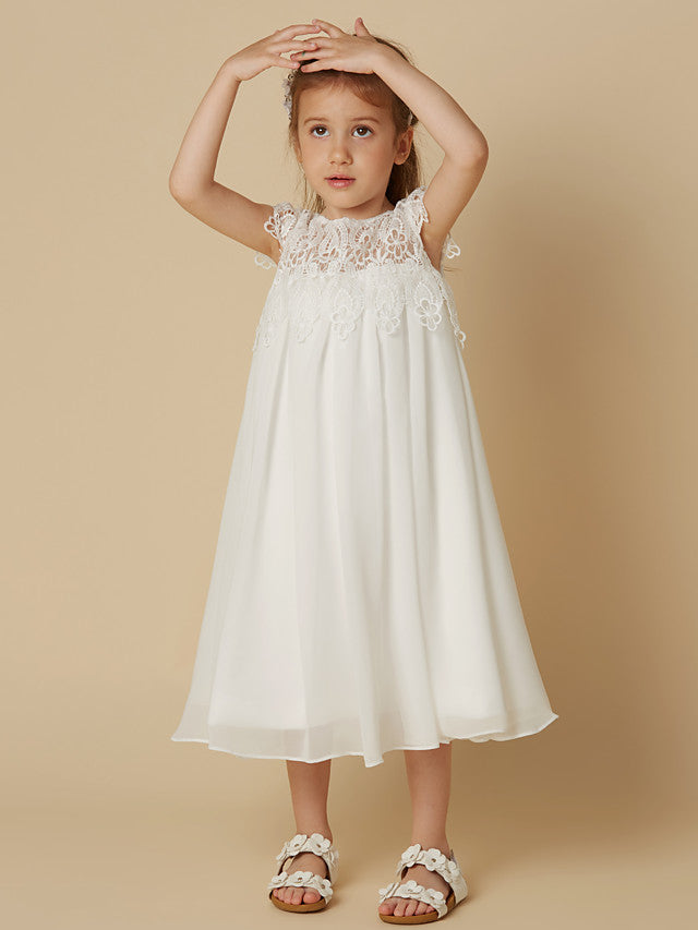 Column Short Sleeve Scoop Neck Lace Flower Girl Dresses