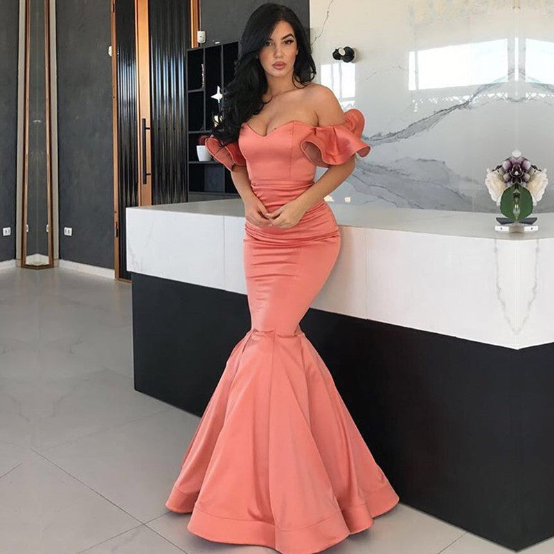 Stunning Off-the-Shoulder Long Mermaid Prom Dress in Coral