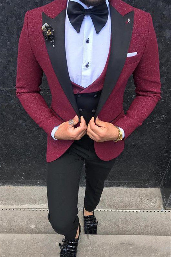 Popular Burgundy Three-Pieces Peaked Lapel Groom and Groomsmen Suits
