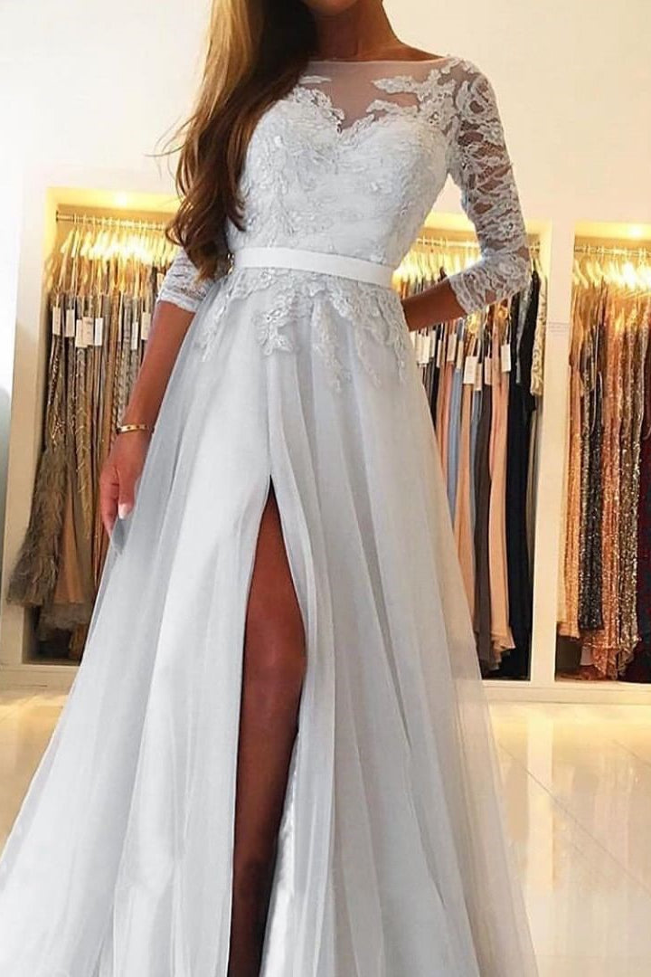 Lace Split A-Line Prom Dress with Long Sleeves
