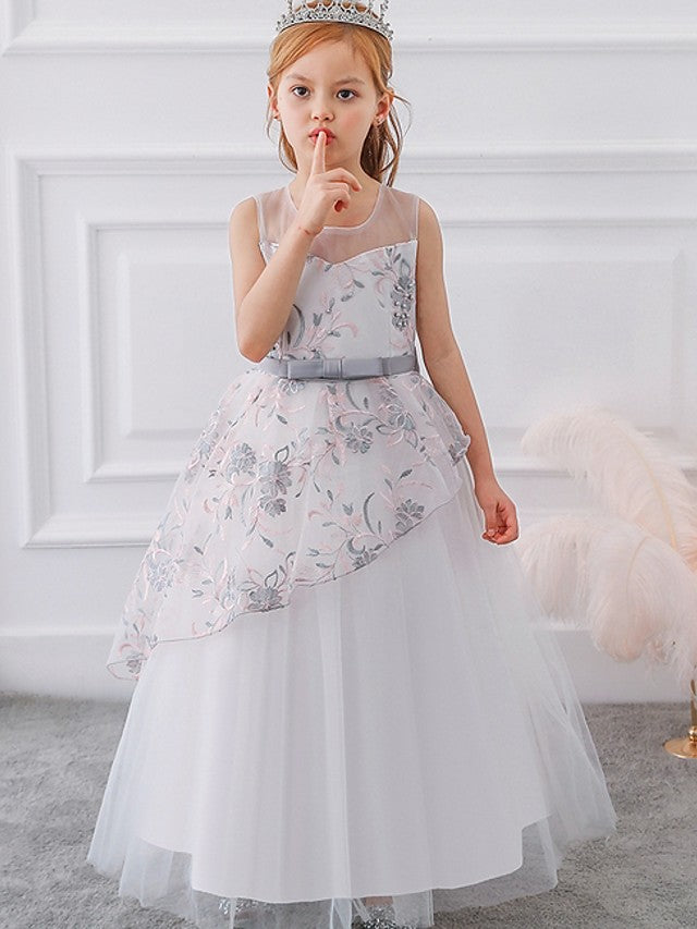 Gorgeous Sleeveless Ball Gown Flower Girl Dress with Tulle Sash Ribbon and Embroidered Bow