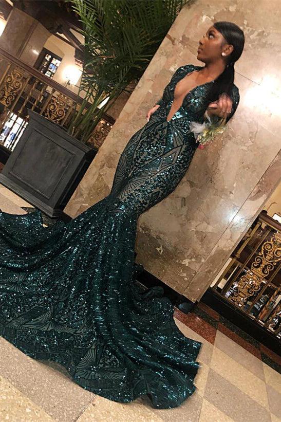 Mermaid Emerald Long Sleeves V-Neck Sequins Lace Prom Dress