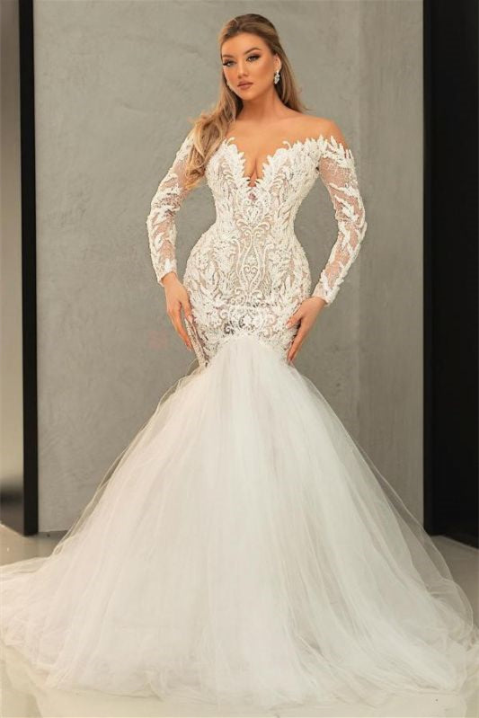 Long Sleeves V Neck Lace Tulle Mermaid Wedding Dress