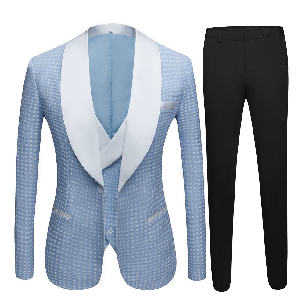 Sky Blue Dot Wedding Suit for Men's Party with Shawl Lapel Fashion Style