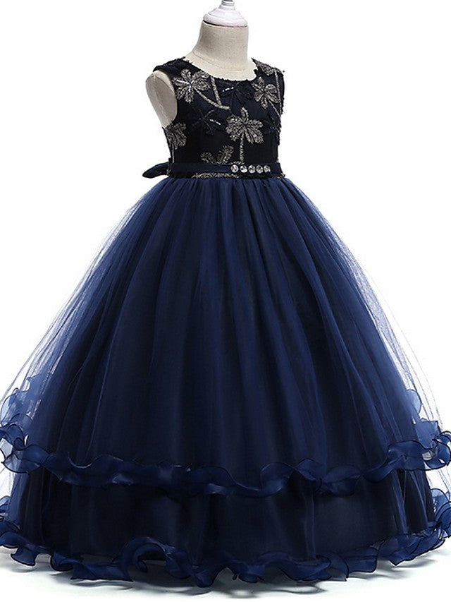 Princess Round Neck Floor Length Flower Girl Dress with Bow Crystals Appliques
