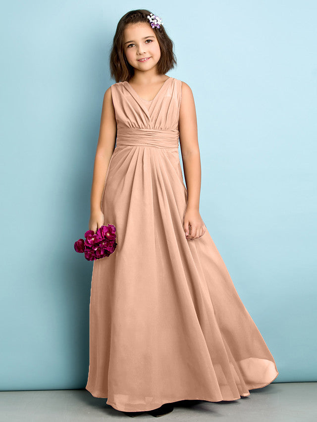 A-Line V Neck Chiffon Flower Girl Dress - Floor Length With Criss Cross Natural Mini Me
