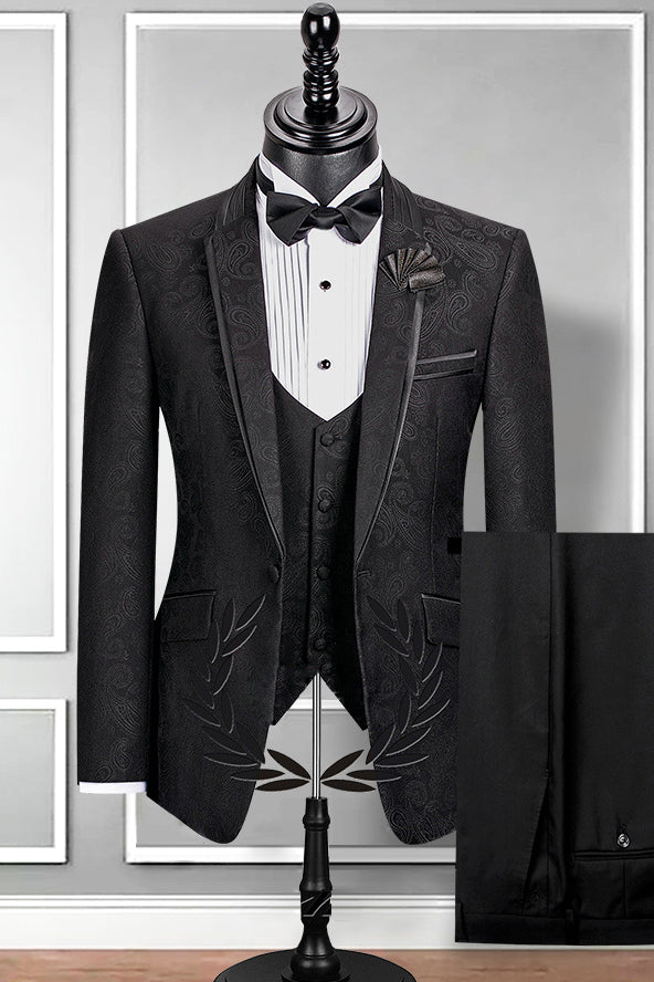 Chic Black Slim Fit Jacquard Wedding Suit For Men with Notched Lapel