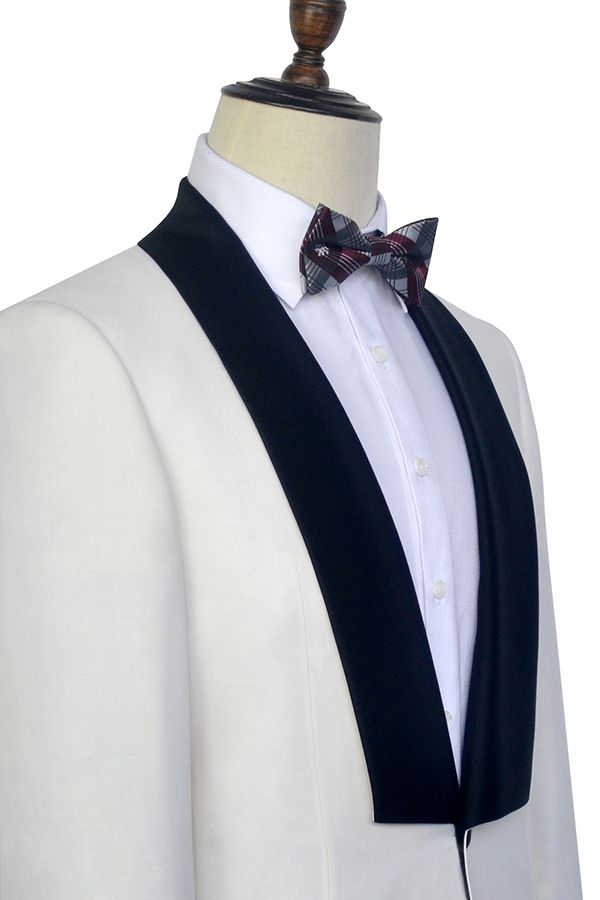 One Button White Wedding Tuxedos for Men with Black Knife Collar Classic Look