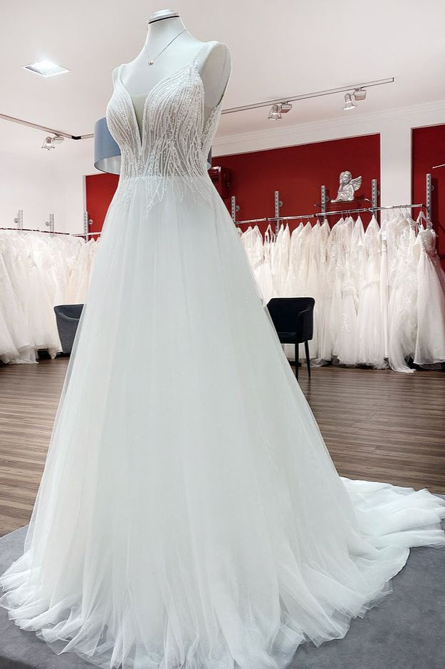 A-line Tulle Wedding Dress with Sequins Ruffles and Long V-neck Backless Style