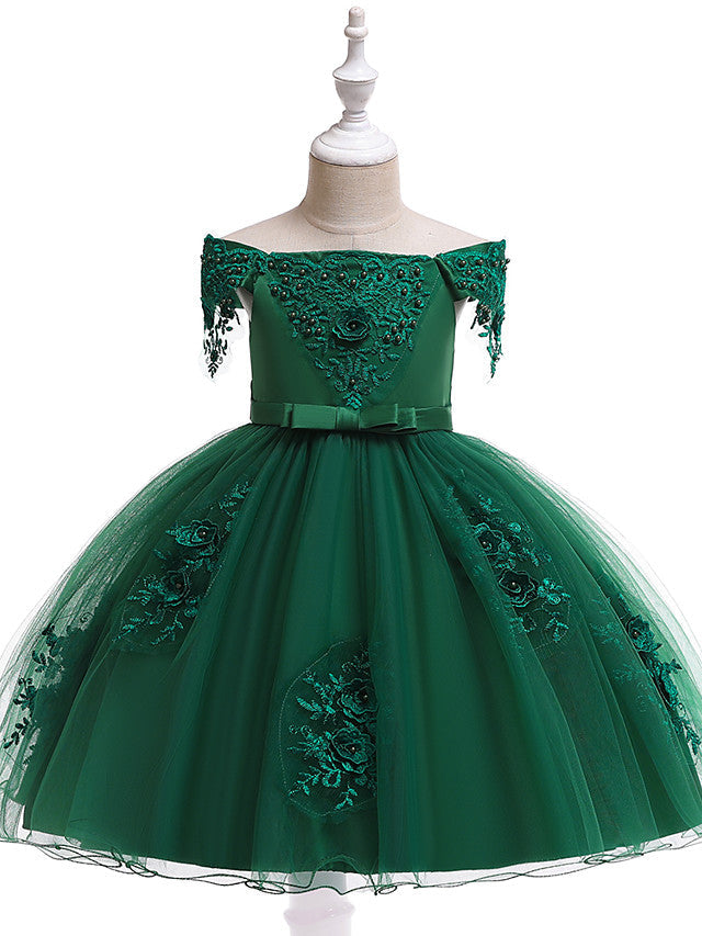 A-Line Short Sleeve Off Shoulder Flower Girl Dress with Petal Sash Ribbon Trim