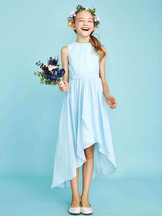 Chiffon Junior Flower Girl Dress With Pleats and Asymmetrical Neckline for Sheath Jewel Look