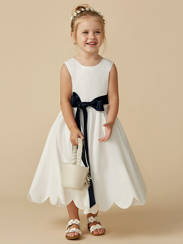 Sleeveless Jewel A-Line Tea Length Flower Girl Dress with Taffeta Sash and Pleats