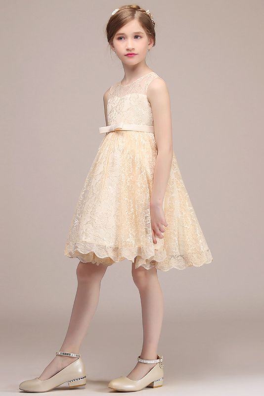 Jewel Sleeveless Illusion Neck Flower Girl Dress with Tulle Lace