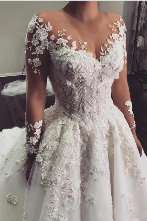 Elegant Bateau Long Sleeve A-Line Floor-length Wedding Dress With Appliques Lace