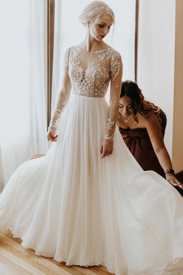 Beautiful A-Line Chiffon Wedding Dress with Lace Appliques
