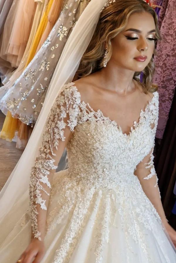 A-line V-neck Long Sleeve Lace Wedding Dress in Gorgeous White